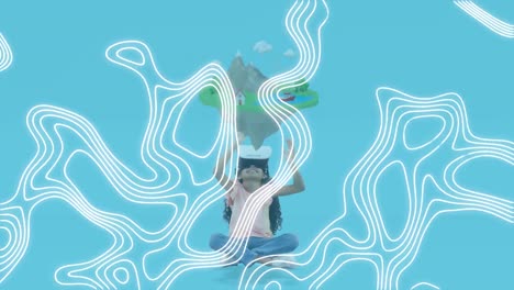 animación de líneas blancas sobre una chica que usa auriculares vr sobre un fondo azul