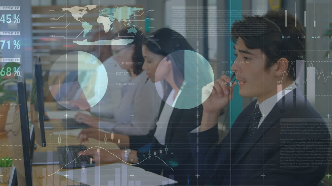 사무실에서 휴대전화 헤드으로 대화하는 아시아인에 대한 통계 데이터 처리의 애니메이션