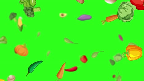 various vegetables raining down on green backdrop