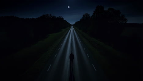 a person walks down a moonlit road at night
