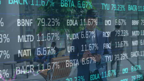 animation of financial data processing over businessman