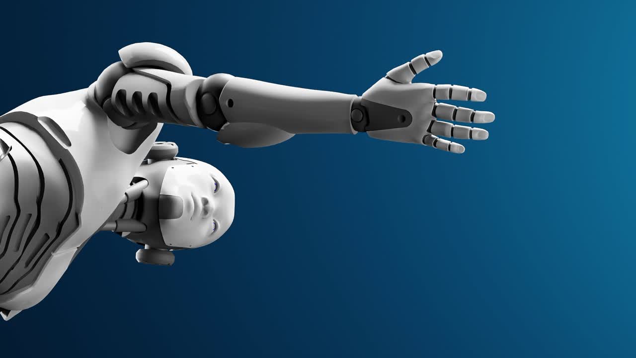 prototipo de cyborg humanoide moviendo el brazo y mostrando la palma de la mano espacio vacío para agregar objeto, fondo de cielo azul, inteligencia artificial concepto de tarea futurista escenario animación de renderización 3d