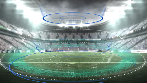 digital animation of multiple round scanners spinning against sports stadium in background