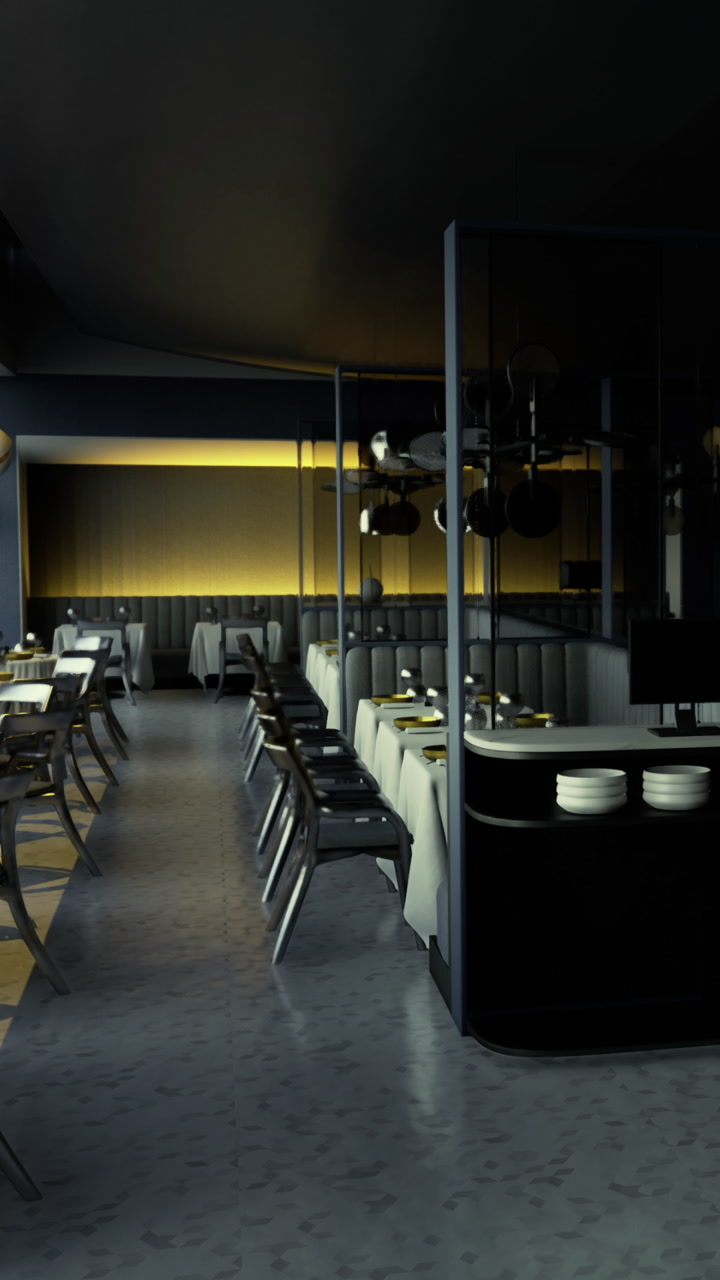 Tables and chairs are arranged in a restaurant