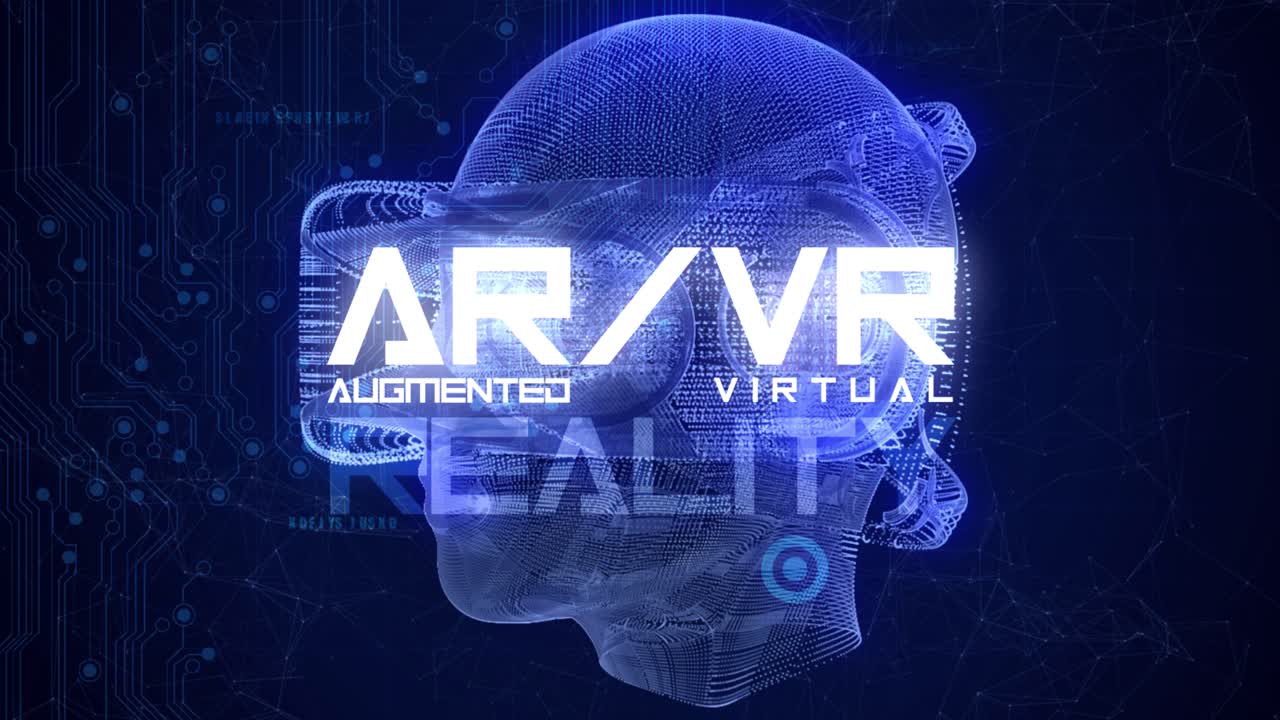 Stunning VFX graphics animation depicting emerging technology in the Virtual Reality Augumented Reality space, with spinning head with VR goggles, abstract plexus design, in blue color scheme
