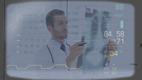 Doctor-examining-X-ray-with-patient-data-animation-over-medical-office-background