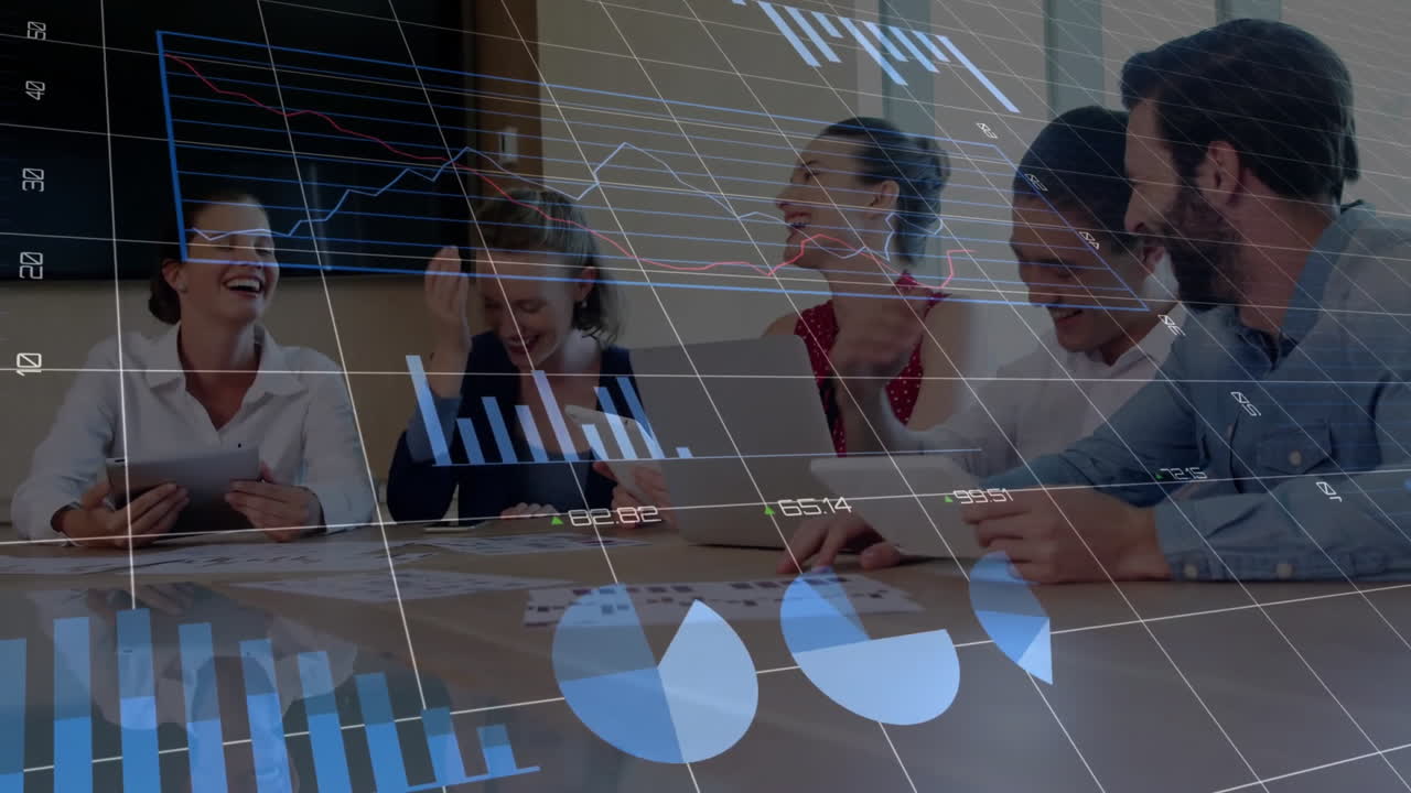 Animation of graphs, changing numbers, loading circles, caucasian coworkers sharing ideas in office
