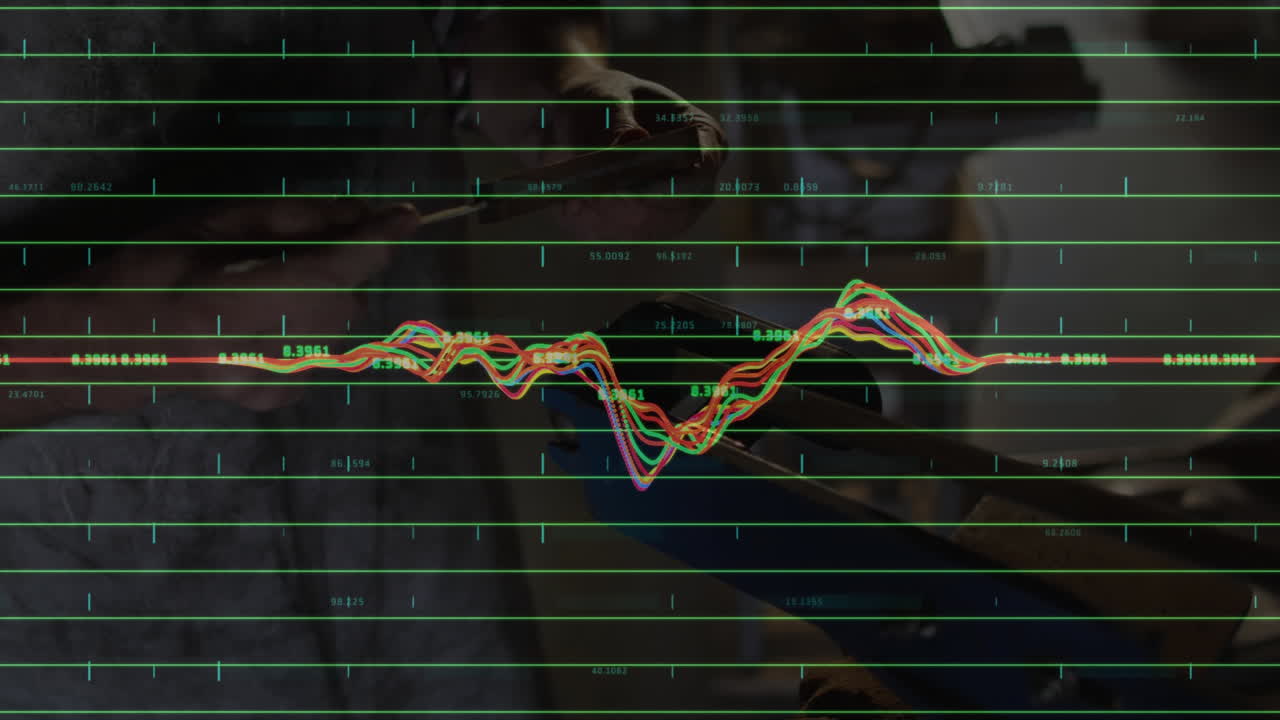 Male engineer interacting with touchscreen in tech lab, displaying data grid lines and waveforms