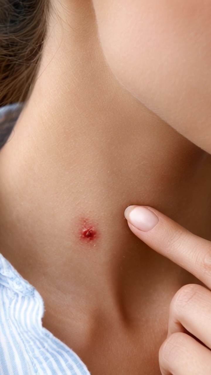Esame ravvicinato di un'imperfezione della pelle: identificazione di un brufolo sul collo con un dito che indica l'area interessata
