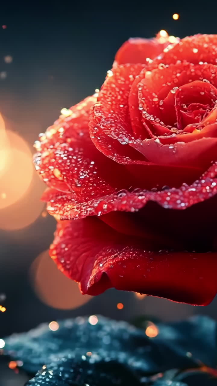 A red rose with dew drops on it is the main focus of the image. The background is blurry and has a hazy, dreamy quality to it, giving the impression of a romantic or ethereal setting