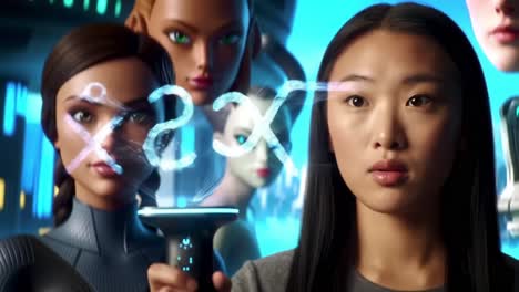 a futuristic scene featuring a young woman interacting with advanced holographic technology, surrounded by stylized characters in a vibrant high-tech environment