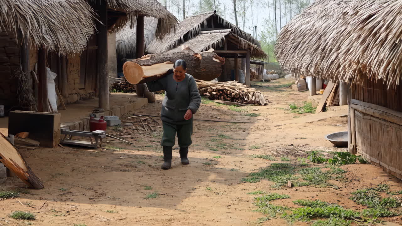 Elderly Woman Carrying a Large Log in a Rural Village