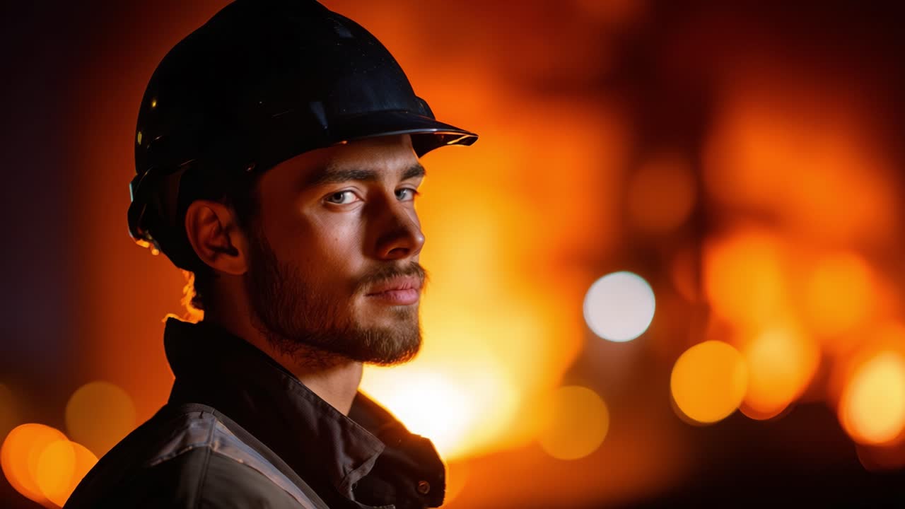 Un lavoratore zelante con un cappello guarda pensieroso in lontananza su uno sfondo drammatico di fiamme ardenti, mostrando resilienza e determinazione in tempi incerti.