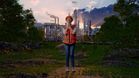 full body of asian female engineer with safety helmet pray for something while standing in front of oil refinery