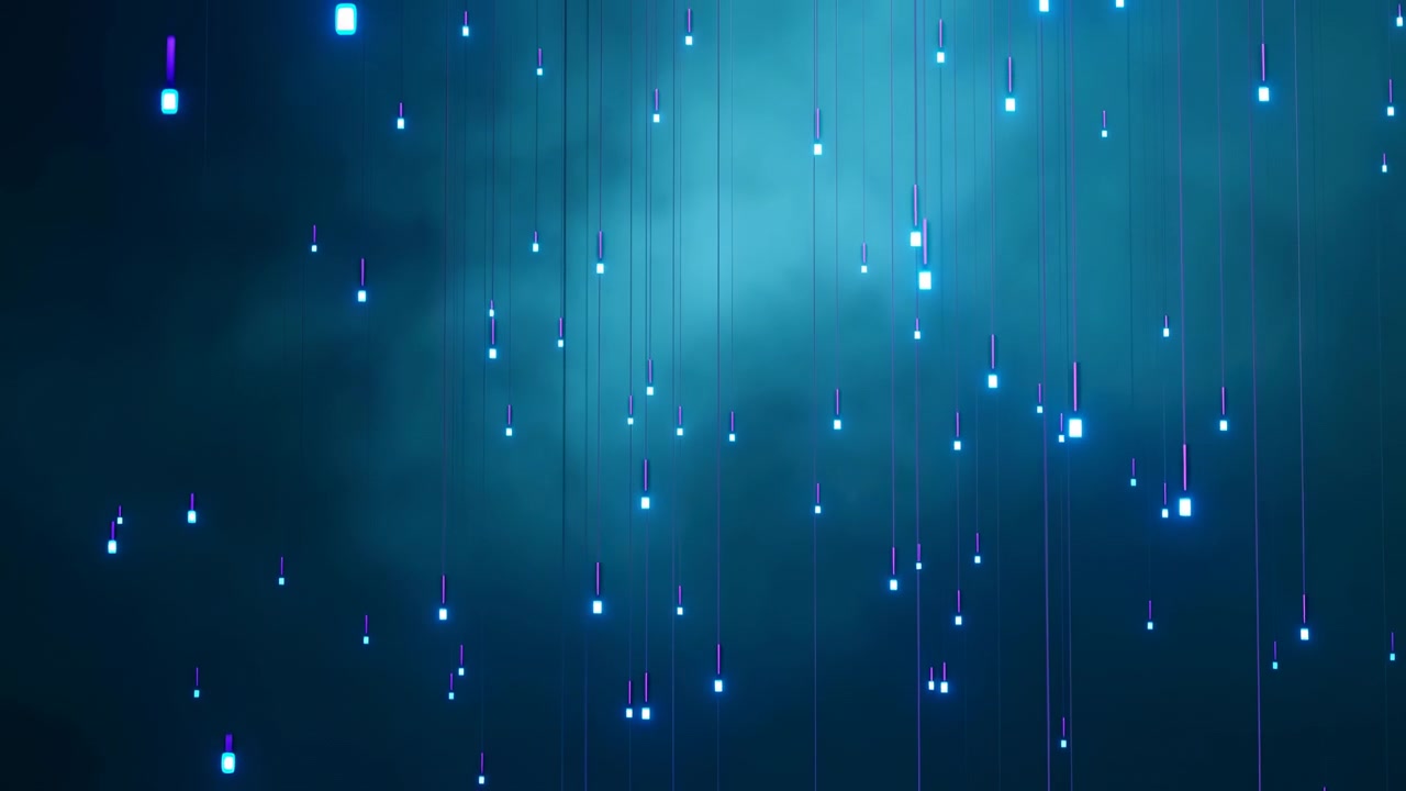 Glowing blue and violet light streaks descend across a dark teal gradient, creating a calm abstract atmosphere with soft haze, scattered sparkles, and subtle
