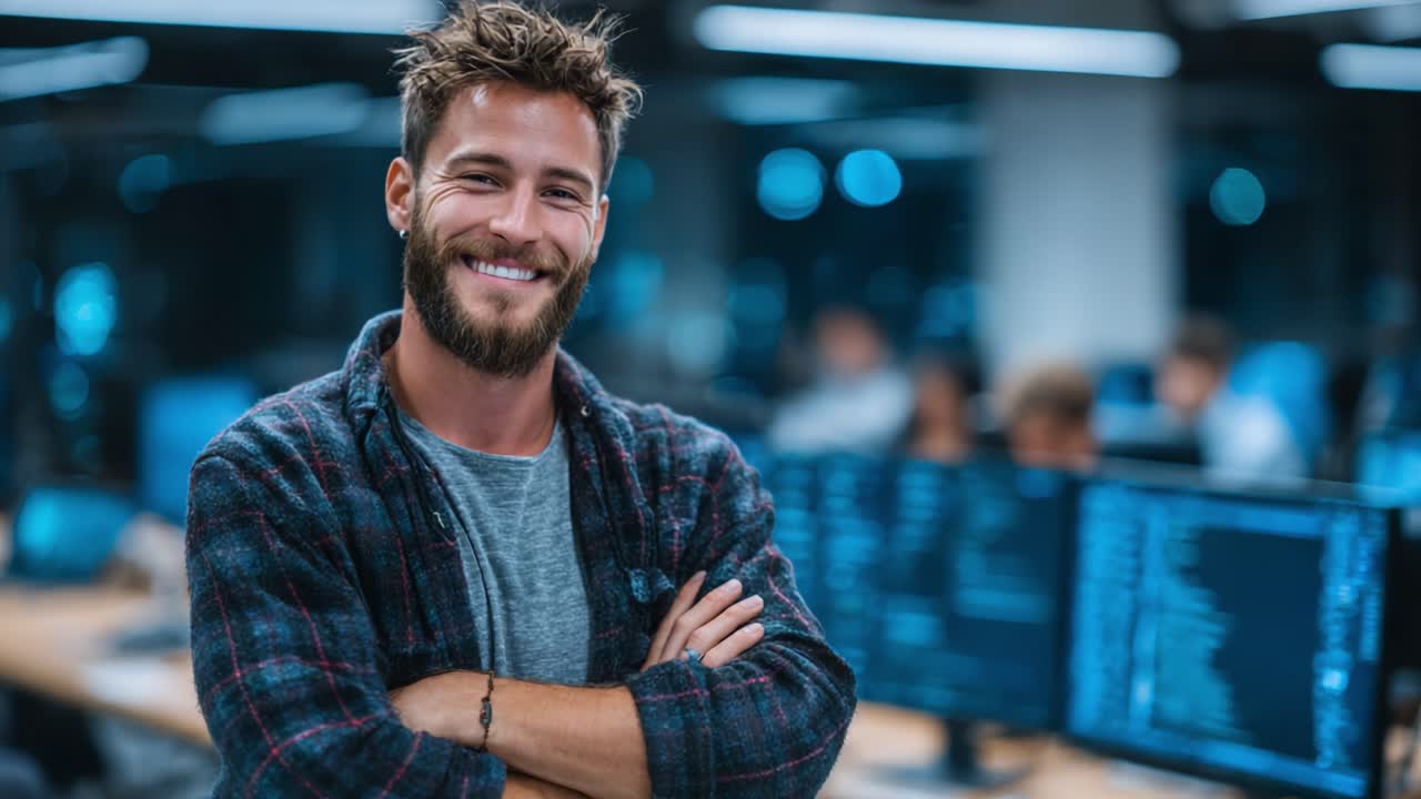 Confident young man with a beard smiling in a modern office setting, surrounded by glowing computer screens, showcasing a collaborative tech environment