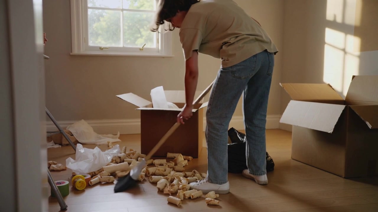 Sweeping man after unpacking at home, in beige shirt, jeans, using broom gathering foam into boxes