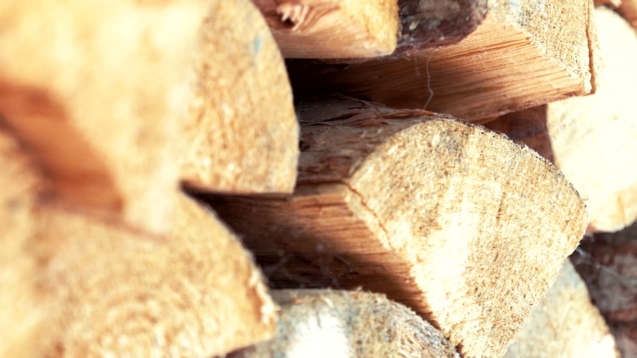 troncos de pila de madera movimiento de panorámica de primer plano en un día soleado