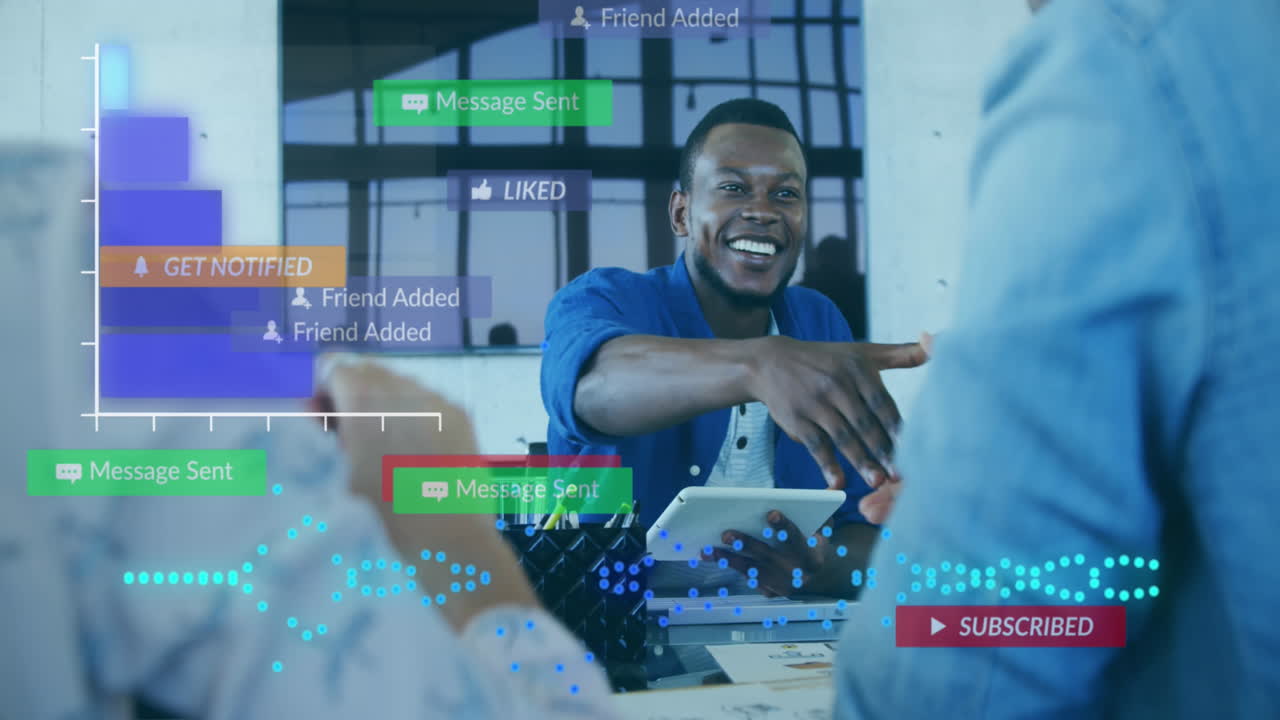Animation of social media data processing over african american businessman in creative office