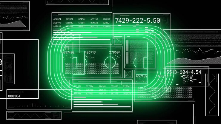 Vuoto nero che inizia con wireframe, poi si forma un anello al neon mentre i valori numerici si aggiornano monitorando i dati