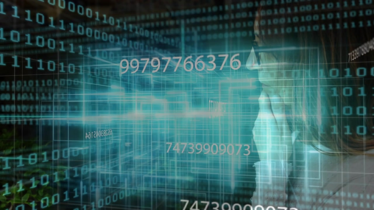 Woman picking up phone and tapping, teal 3D grid expanding around her, analyzing tech data
