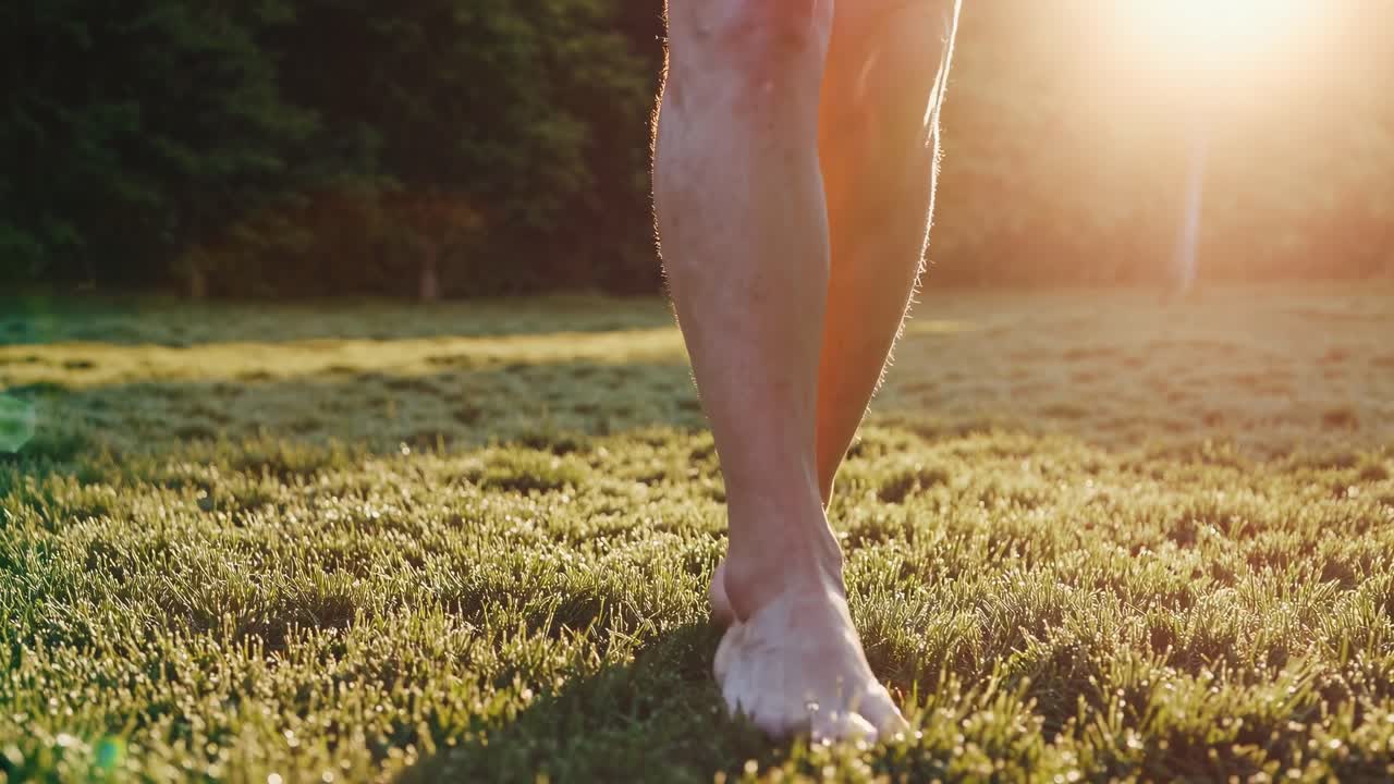 Close-up, low-angle video of bare feet walking on dewy grass, capturing the morning light