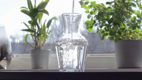 fresh water pouring to tall transparent clear glass vase