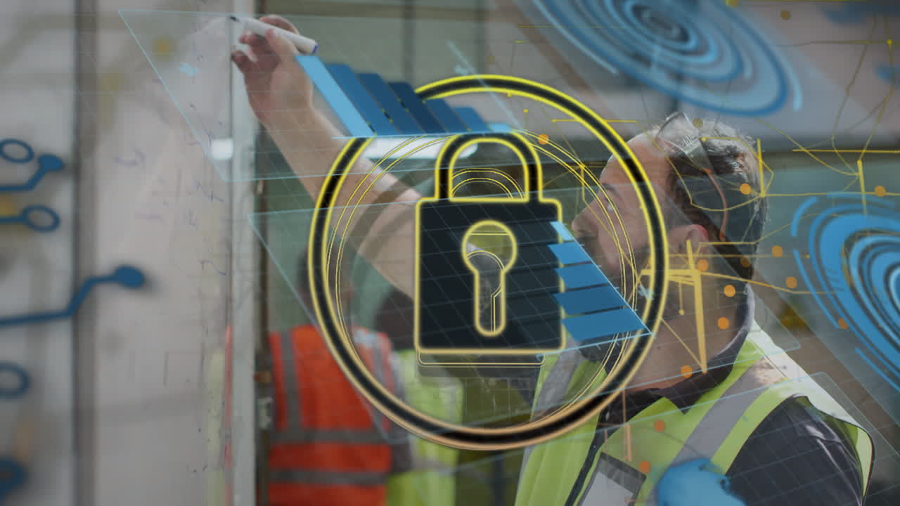 Construction worker writing on board with digital security lock overlay animation