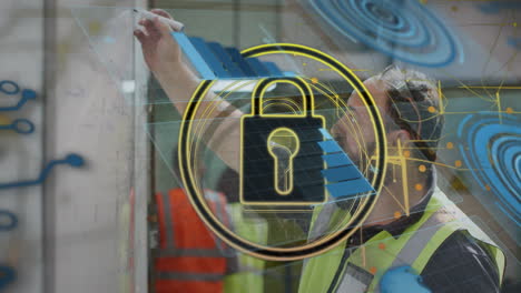 construction worker writing on board with digital security lock overlay animation