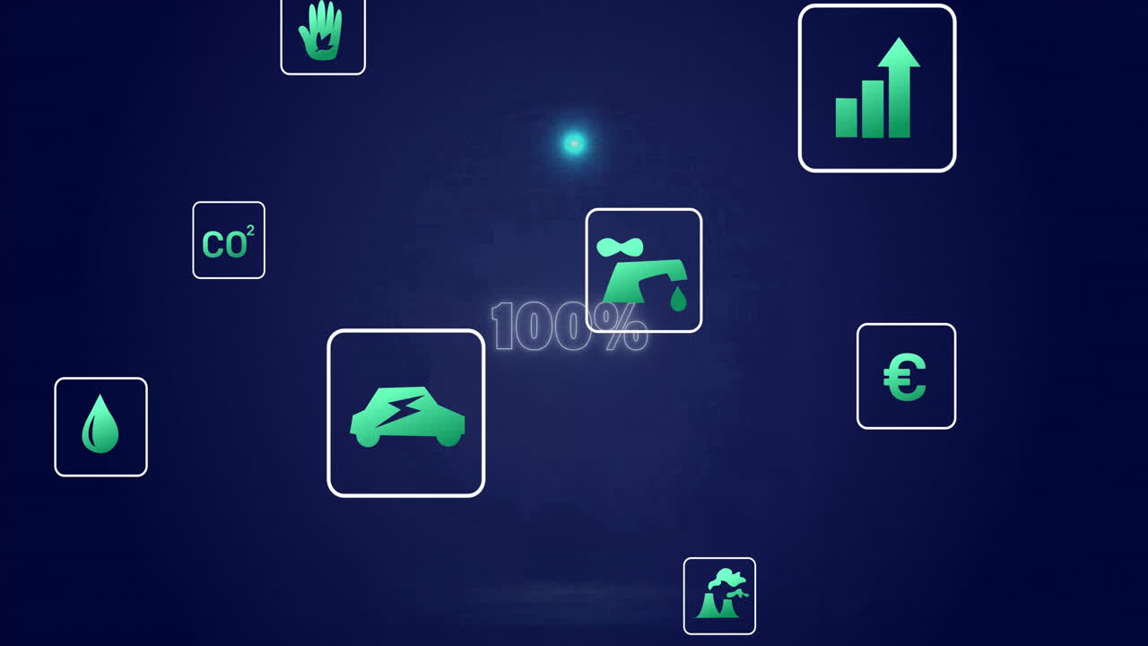 Sustainability icons and progress bar animation over dark blue background
