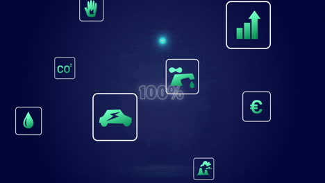 sustainability icons and progress bar animation over dark blue background