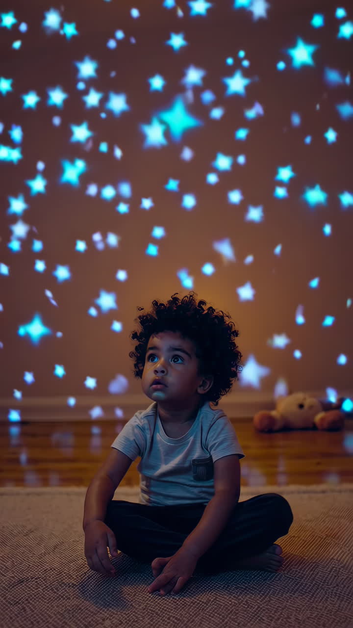 Criança pequena encantada por um projetor de luz de céu estrelado