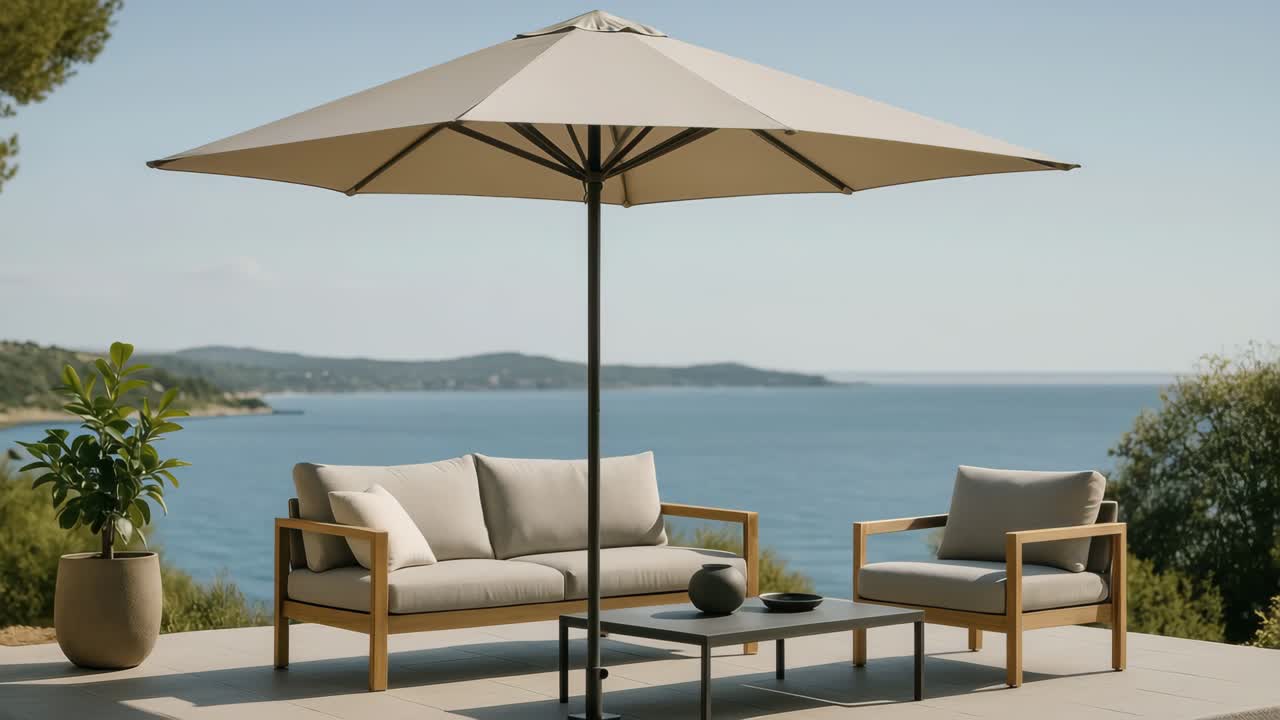 A serene patio scene with a wide-angle view, showcasing elegant outdoor furniture under a large