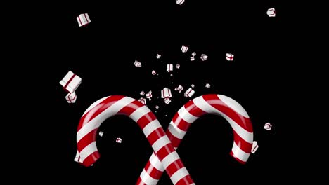 Candy-cane-icon-over-multiple-christmas-gift-icons-falling-against-black-background