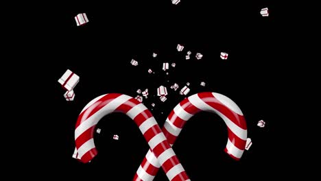 candy cane icon over multiple christmas gift icons falling against black background