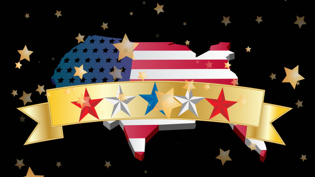 animación del mapa de los ee.uu. con estrellas en el estandarte sobre fondo negro.