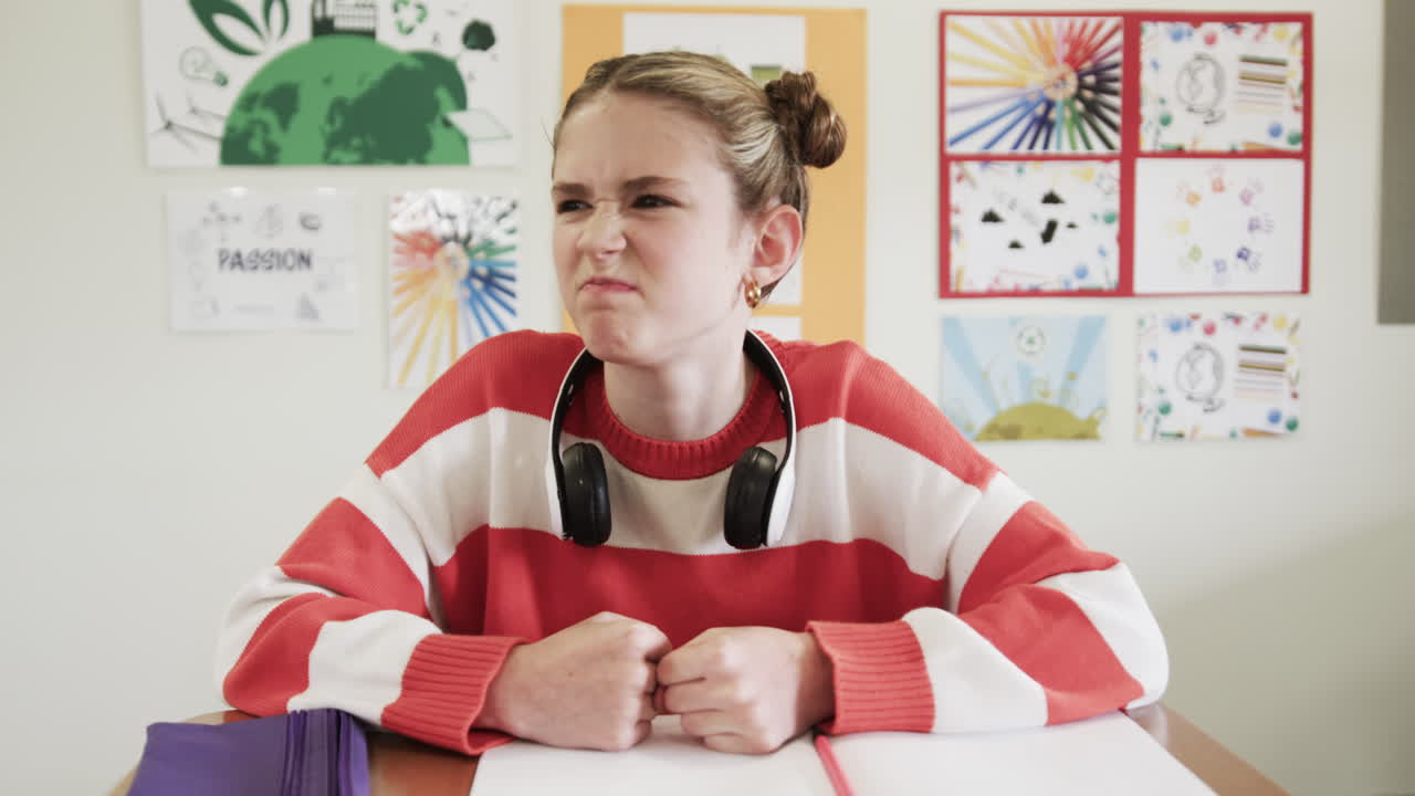Young girl in classroom looking frustrated, wearing headphones, sitting at desk, at school
