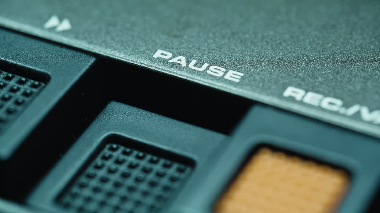 Finger pressing pause button on retro tape player closeup. Thumb touching panel