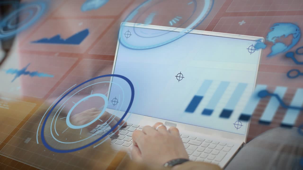 Male pro pressing keys, initiating business data analysis while HUD charts rotating and darkening
