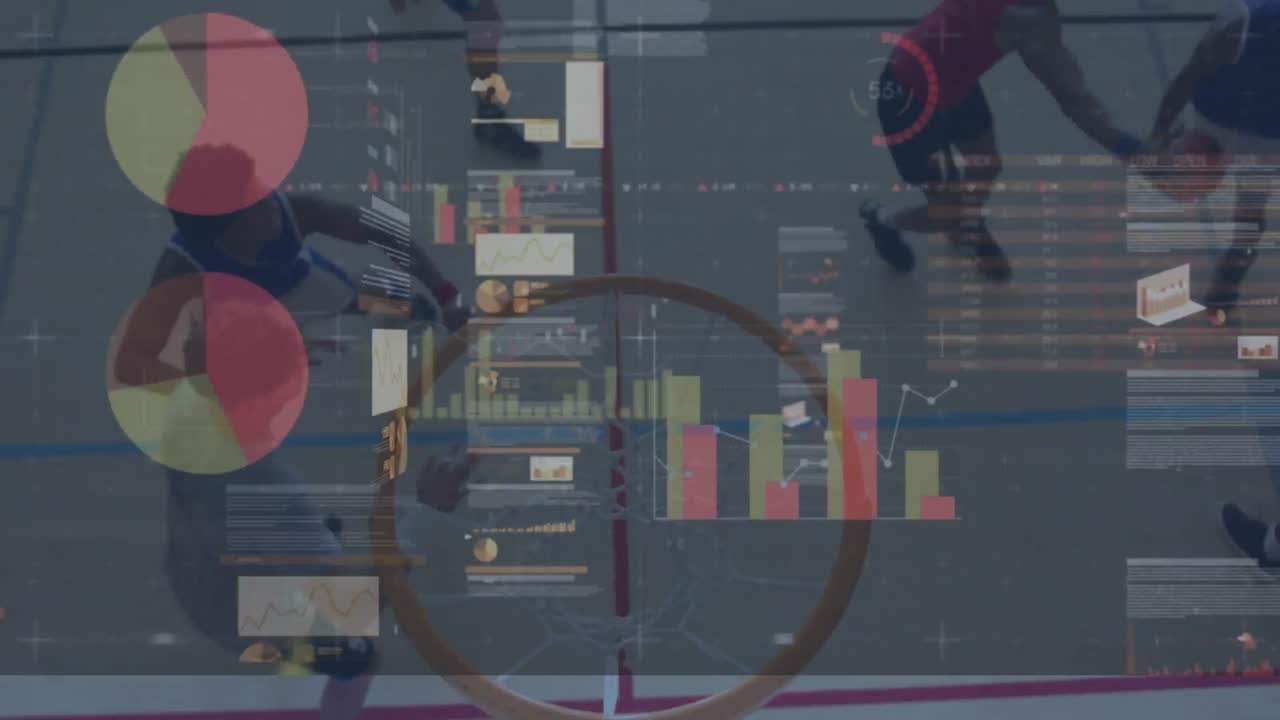 animación del procesamiento de datos financieros sobre diversos jugadores de baloncesto masculinos en el gimnasio