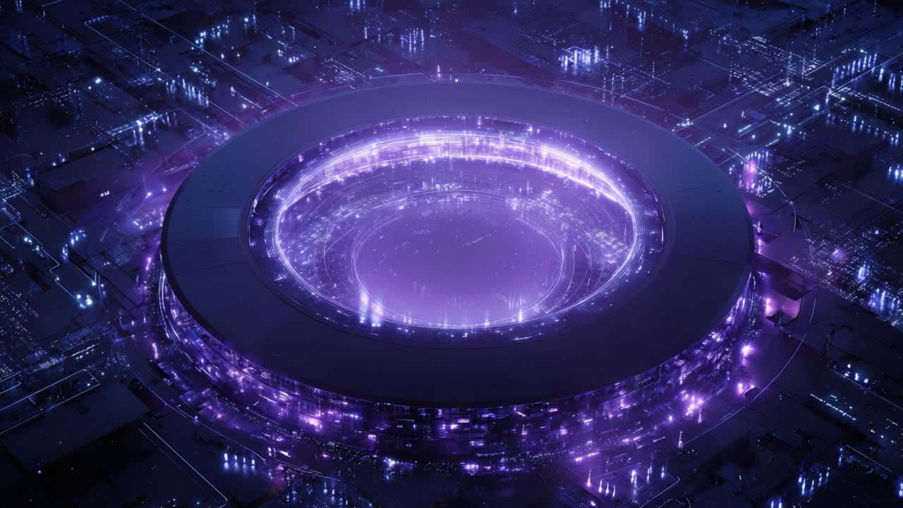 Powerful purple energy core processing vast amounts of information within a futuristic quantum computer, symbolizing advanced technology, big data analysis, and artificial intelligence innovation
