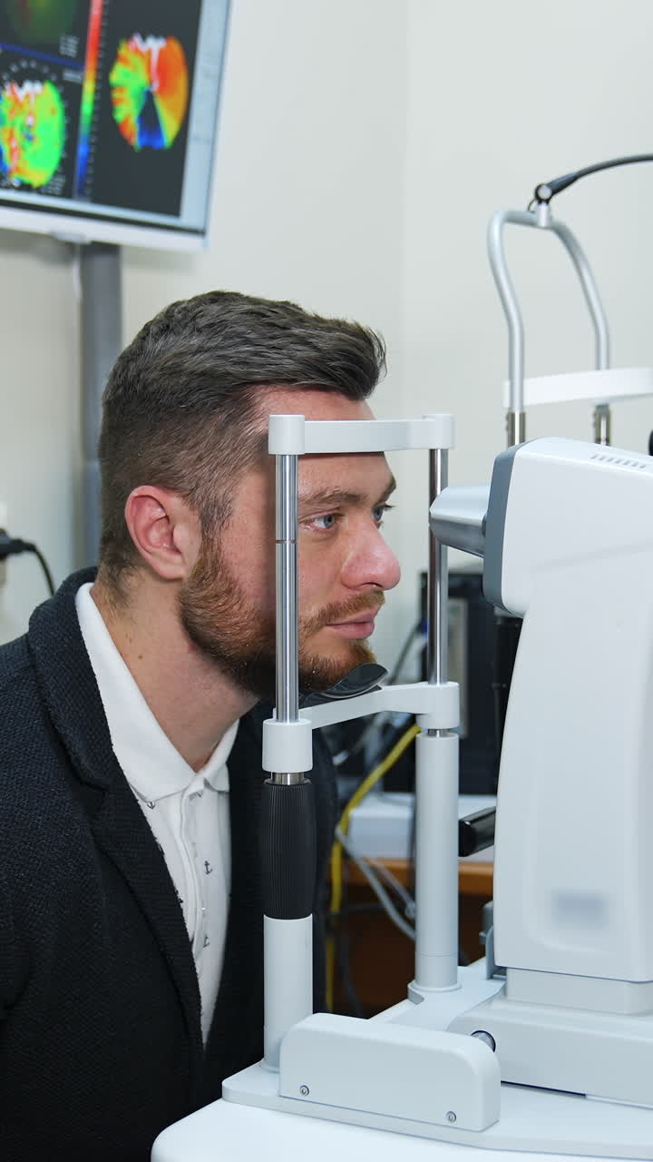 Male patient in ophthalmology clinic. Selective focus on man`s face while checking vision. Vertical video
