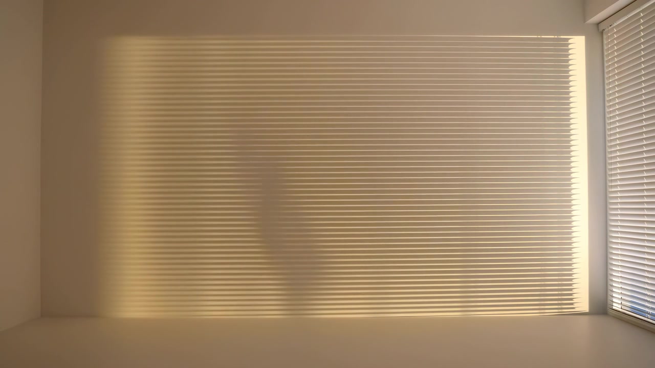 Soft sunlight changes across indoor wall and floor surface while blind shadows stretch and fade, showing quiet interior atmosphere with warm tones, horizontal textures, and architectural details.