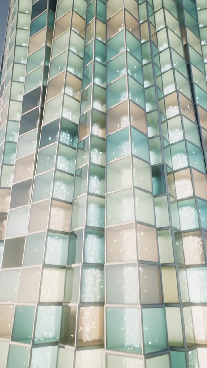 Vídeo vertical: Lente recuando mostrando painéis de vidro cúbicos empilhados em torre com brilho flutuante.