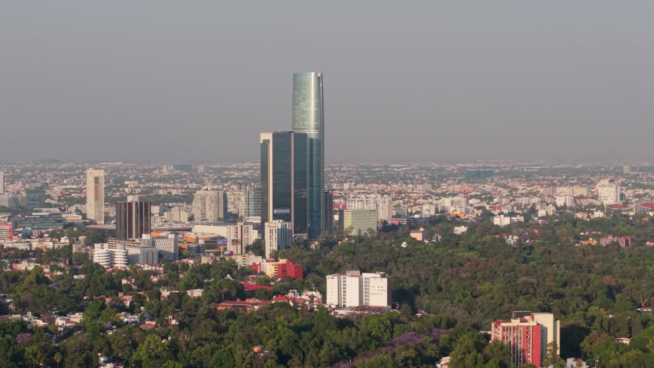 Highest building in Mexico City, seen from drone using a 70mm lens
