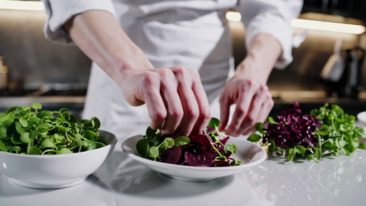cocinero preparando microgreens