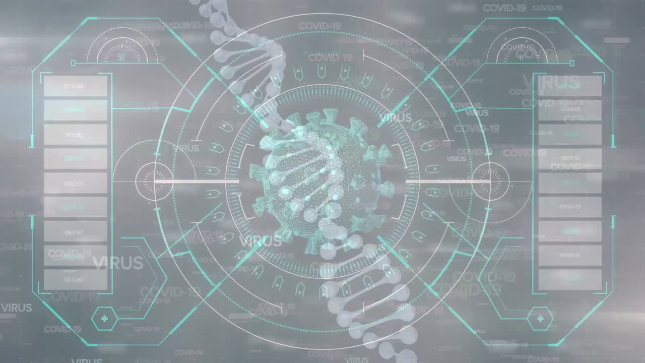 animación de una computadora que muestra una célula macro de coronavirus covid-19 analizada y adn