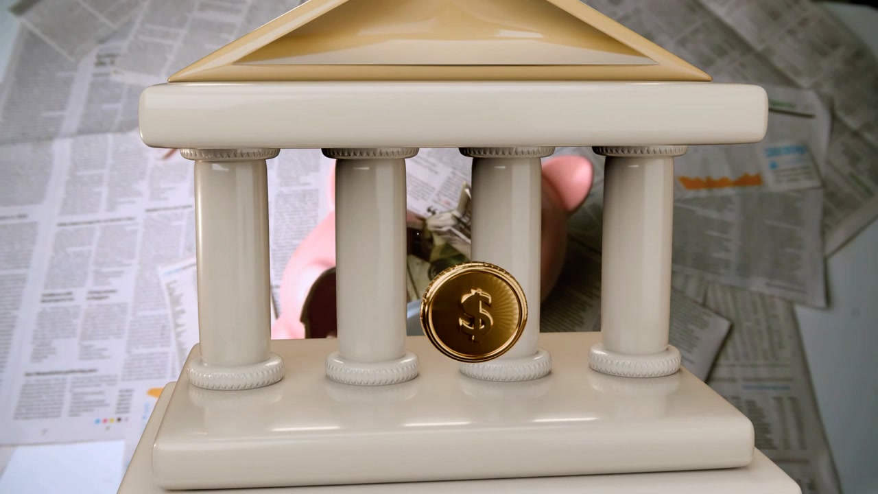 Base fluttuante che appare, colonne che si innalzano, banca che si assembla mentre una moneta d'oro rotola mostrando i risparmi