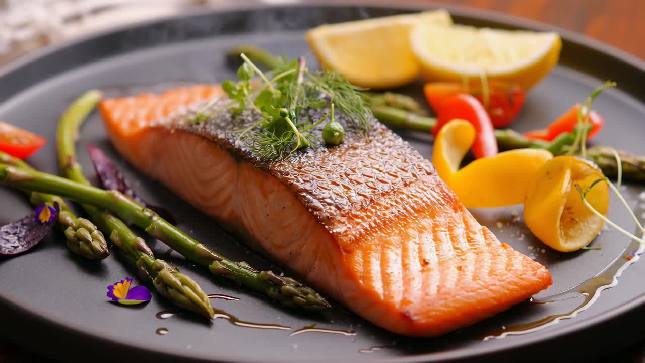 Primo piano di un video di un piatto gourmet a base di salmone con asparagi e limone, che mette in risalto colori vivaci