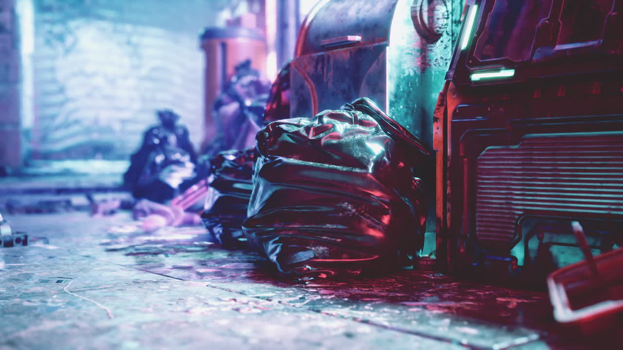 bolsas de basura cyberpunk en un callejón oscuro